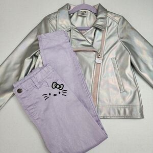 Sanrio Hello Kitty Girls Metallic Silver Moto Jacket & Pants Outfit Set Size 6